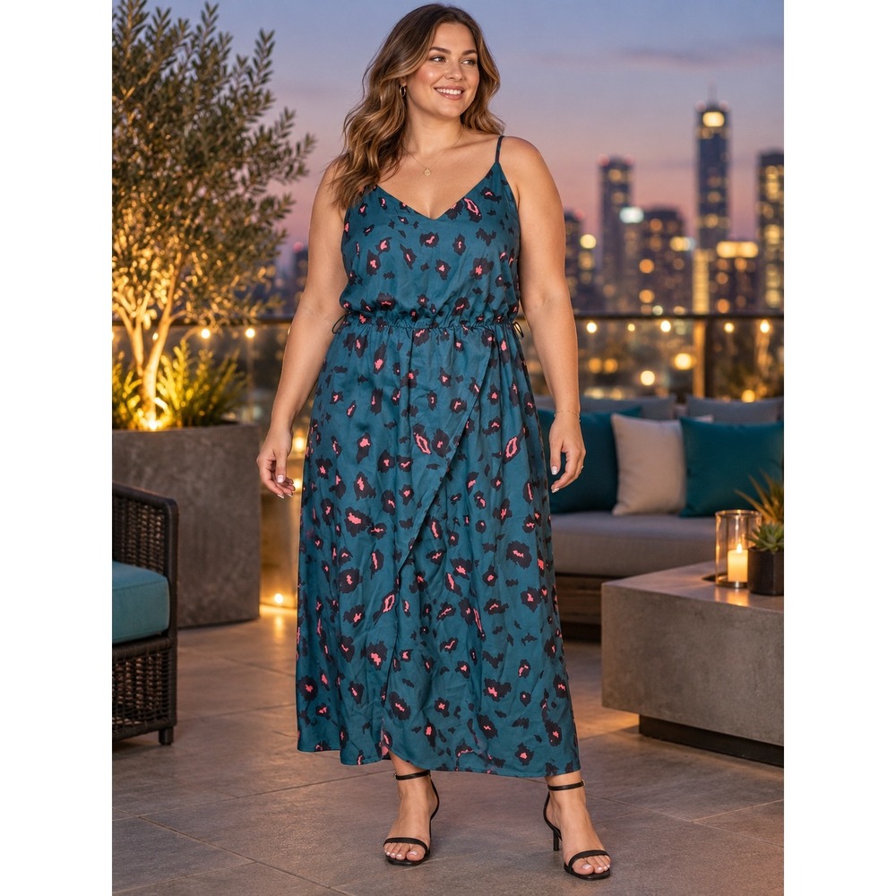 K303. Shein Curve Teal Pink Leopard Print Midi Wrap Dress 2XL Adjustable Straps